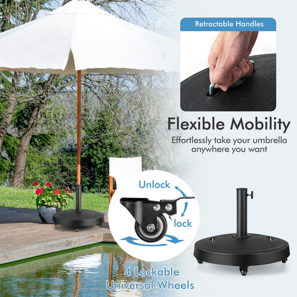 Outdoor umbrella base with wheels and handles, made of durable resin, suitable for 38/48 mm poles, ideal for patios.