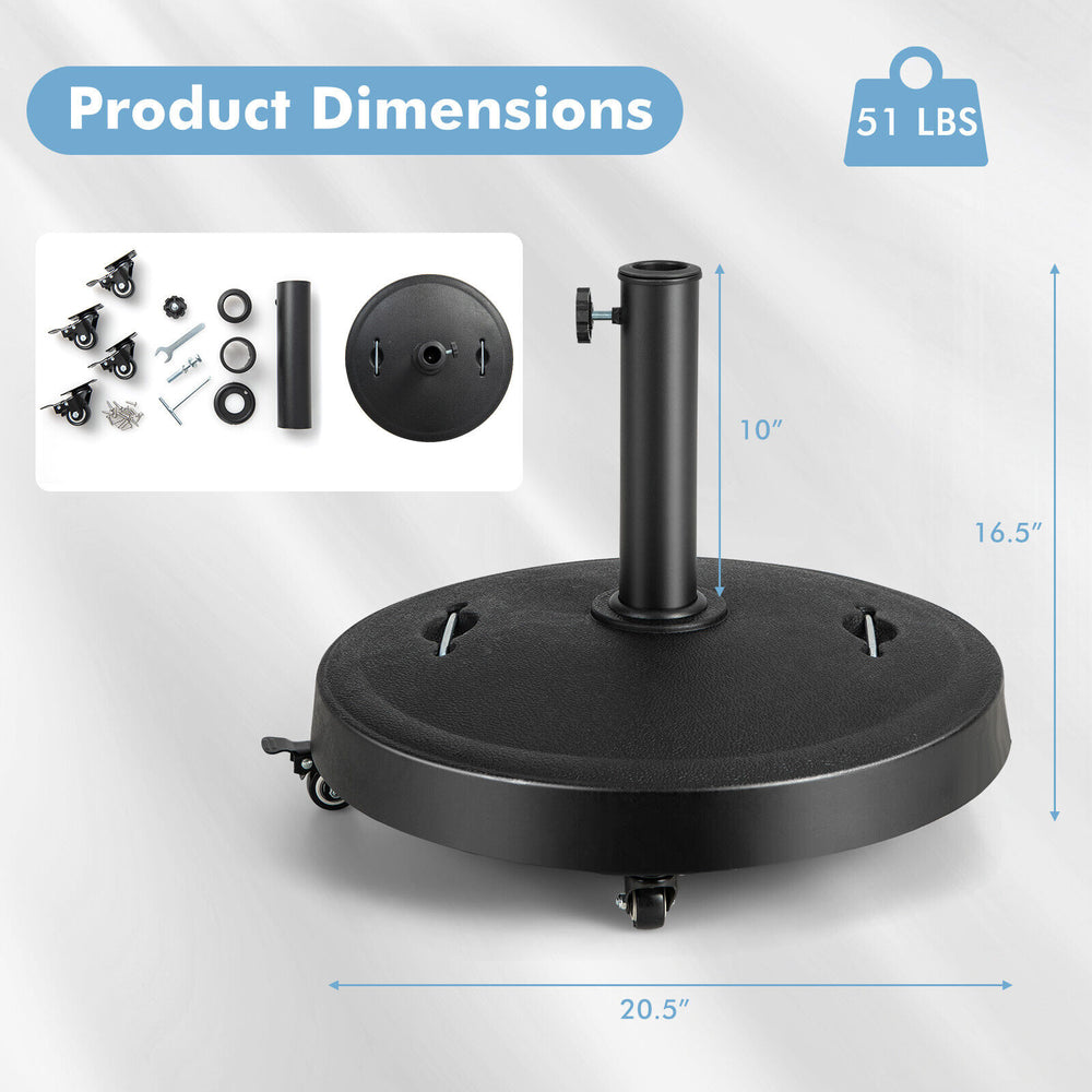 Outdoor umbrella base with wheels, 51 lbs, 20.5 inches, made of durable resin, suitable for various patio umbrellas.