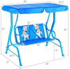 Outdoor kids patio swing bench with canopy featuring a puppy pattern, suitable for 2 children aged 3 to 5 years.