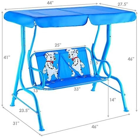 Outdoor kids patio swing bench with canopy featuring a puppy pattern, suitable for 2 children aged 3 to 5 years.