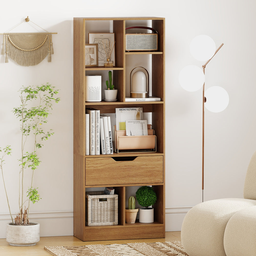 51inch Tall Freestanding Bookcase with Drawer 7-Cube Storage Organizer-Natural - Gallery View 1 of 10