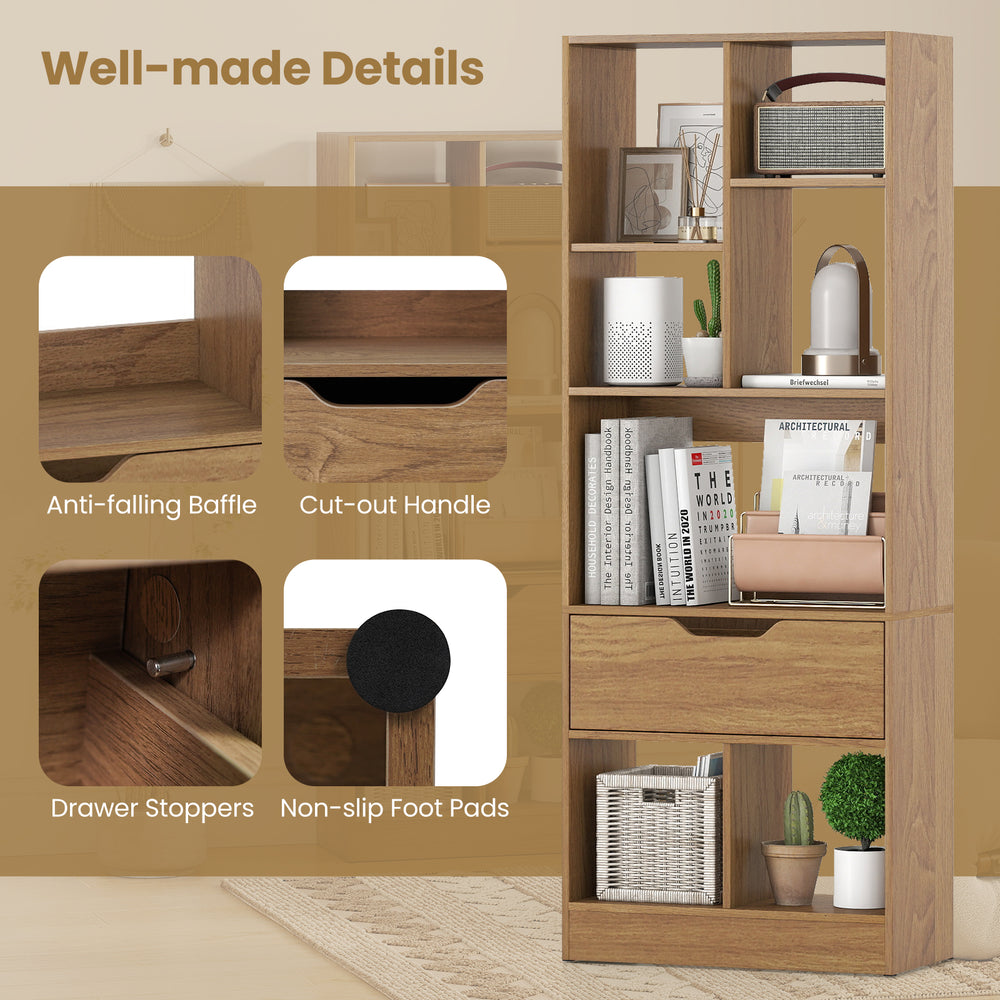 Tall freestanding bookcase with 7 open cubes and a drawer, featuring a natural finish and anti-fall guard for stability.