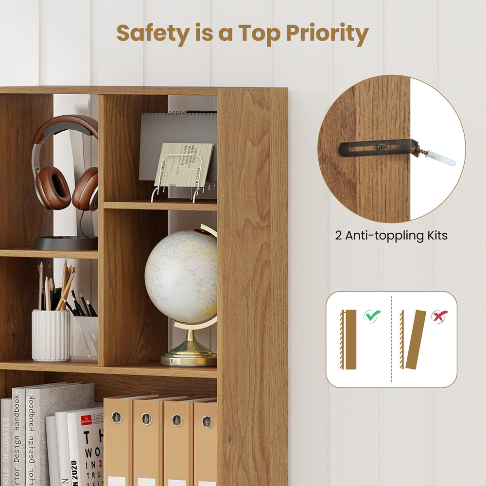 Freestanding 51-inch tall bookcase with 7 open cubes and drawer, featuring anti-tipping safety devices for stability.