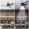 52-inch black flush mount ceiling fan with LED light, showcasing light on and off in a modern kitchen setting.