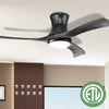 52-inch black flush mount ceiling fan with LED light, featuring 3 wooden blades and remote control for versatile use.