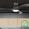 52-inch black flush mount ceiling fan with LED light, featuring 3 wood blades and remote control for versatile use.
