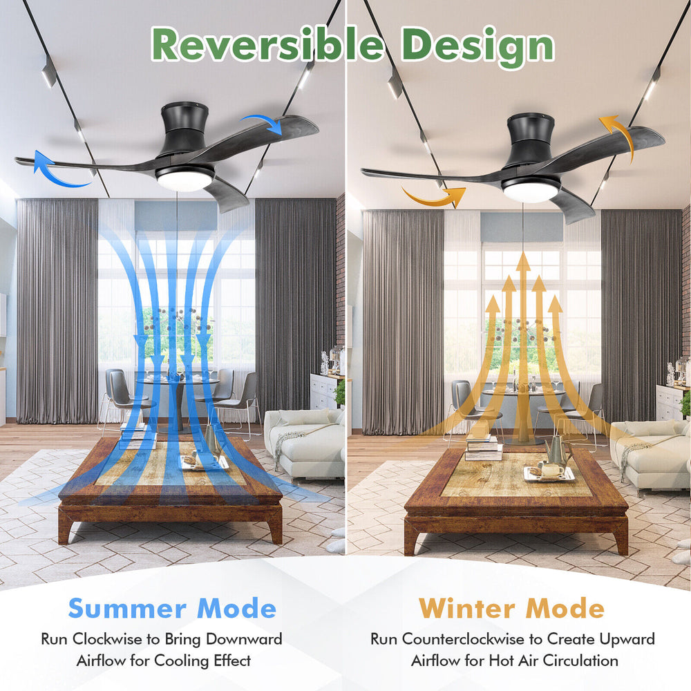 52-inch black flush mount ceiling fan with LED light, showcasing reversible design for summer and winter airflow.
