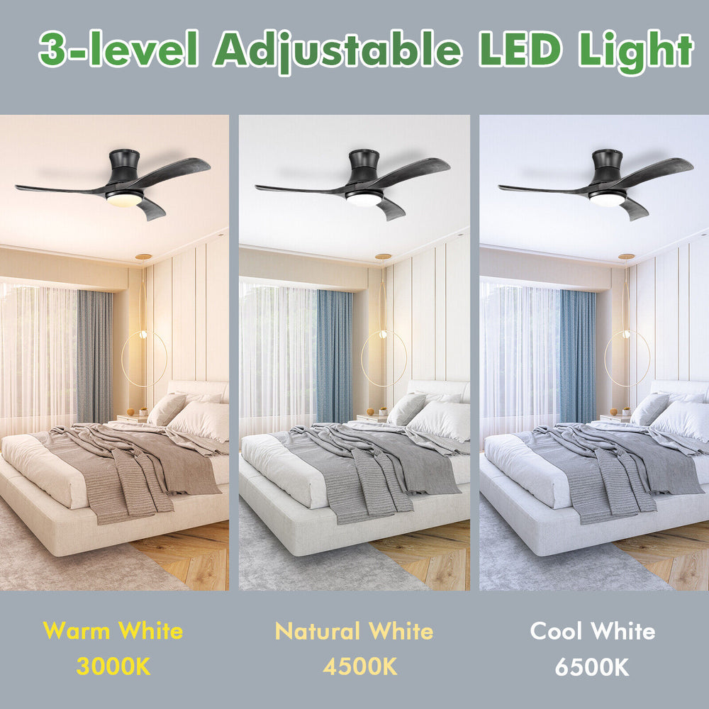 52-inch black flush mount ceiling fan with 22W LED light, featuring 3 adjustable color temperatures for versatile.