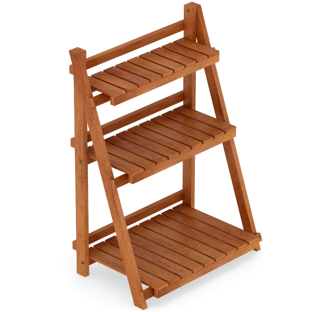 Foldable 3-tier solid wood plant stand with slatted shelves, ideal for patio or balcony plant display and decoration.