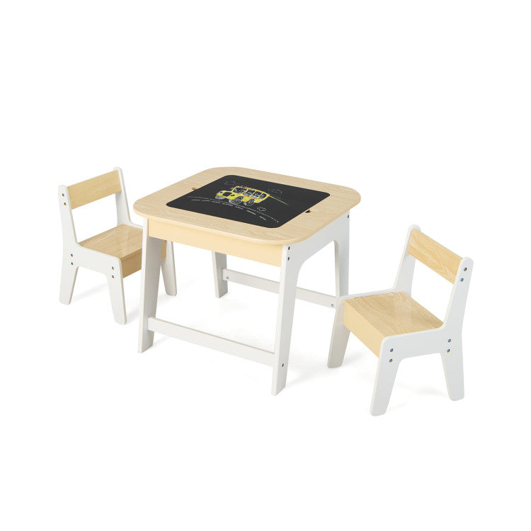 Kid's table and chairs set with a double-sided chalkboard/whiteboard top for creative play and study.