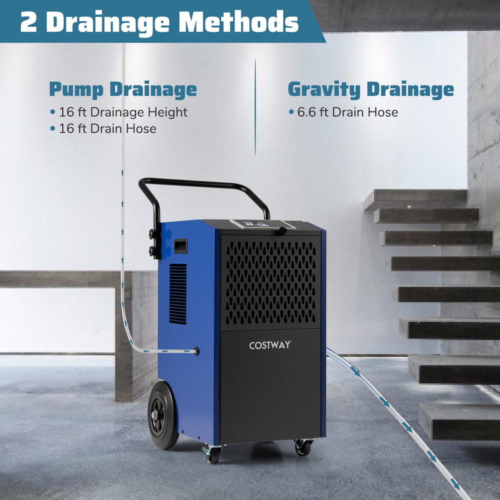 Commercial dehumidifier with pump and gravity drainage options, featuring a blue design and 16 ft drain hoses for.
