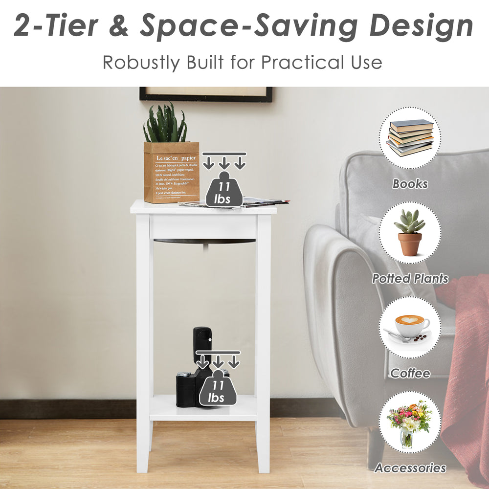White 2-tier end table with storage shelf, featuring solid wood legs, ideal for bedside or sofa side use.