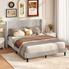 Queen size velvet bed frame with vertical channel tufted wingback headboard, featuring a modern design and plush.