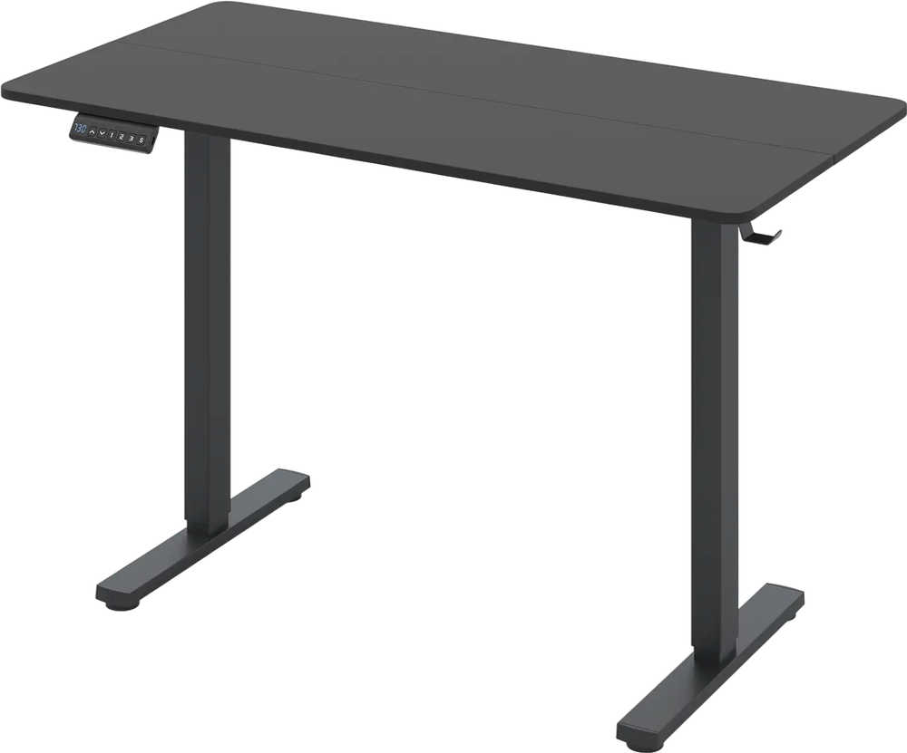 Ergonomic electric standing desk in black, 48" x 24", height adjustable with 3 memory settings for home office use.