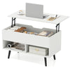 Lift-top coffee table in white with hidden storage, two open shelves, and a modern design for versatile use.