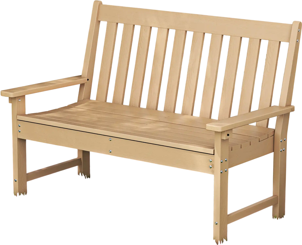 Teak 52-inch outdoor bench with slatted design, inclined backrest, and cozy armrests, suitable for backyard seating.