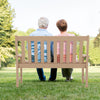 Outdoor bench with backrest and armrests in teak color, made of all-weather HDPE, perfect for garden relaxation.