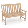 Teak-colored 52-inch outdoor bench with backrest and armrests, made from all-weather HDPE for garden or porch use.