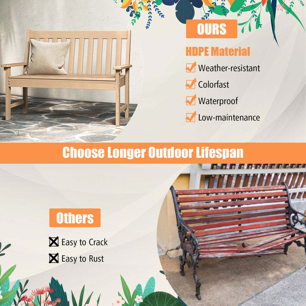 52-inch all-weather HDPE outdoor bench in teak color with backrest and armrests, perfect for garden or porch seating.
