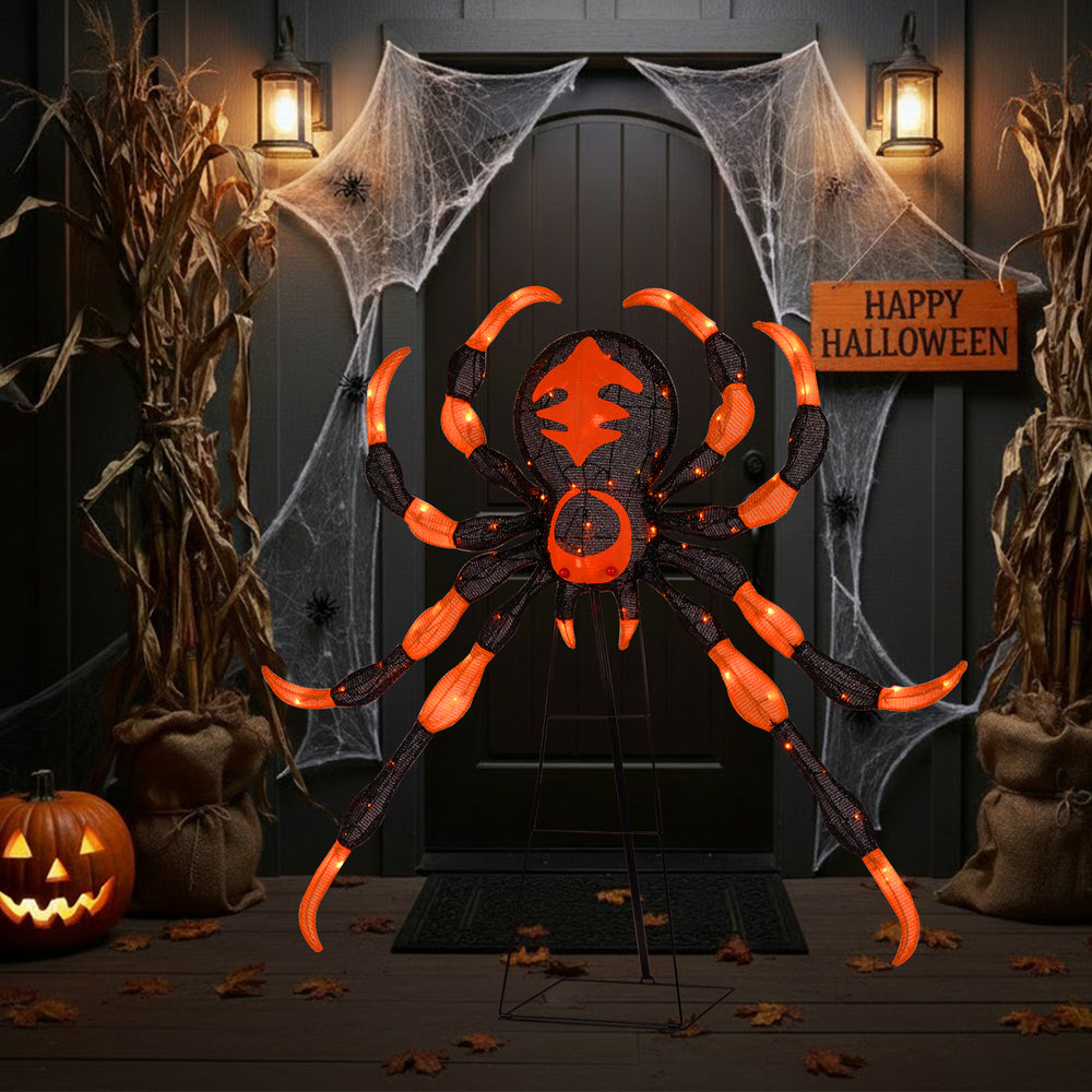 52-inch Halloween spider decoration with flickering warm white LEDs, featuring bright red eyes for spooky outdoor.