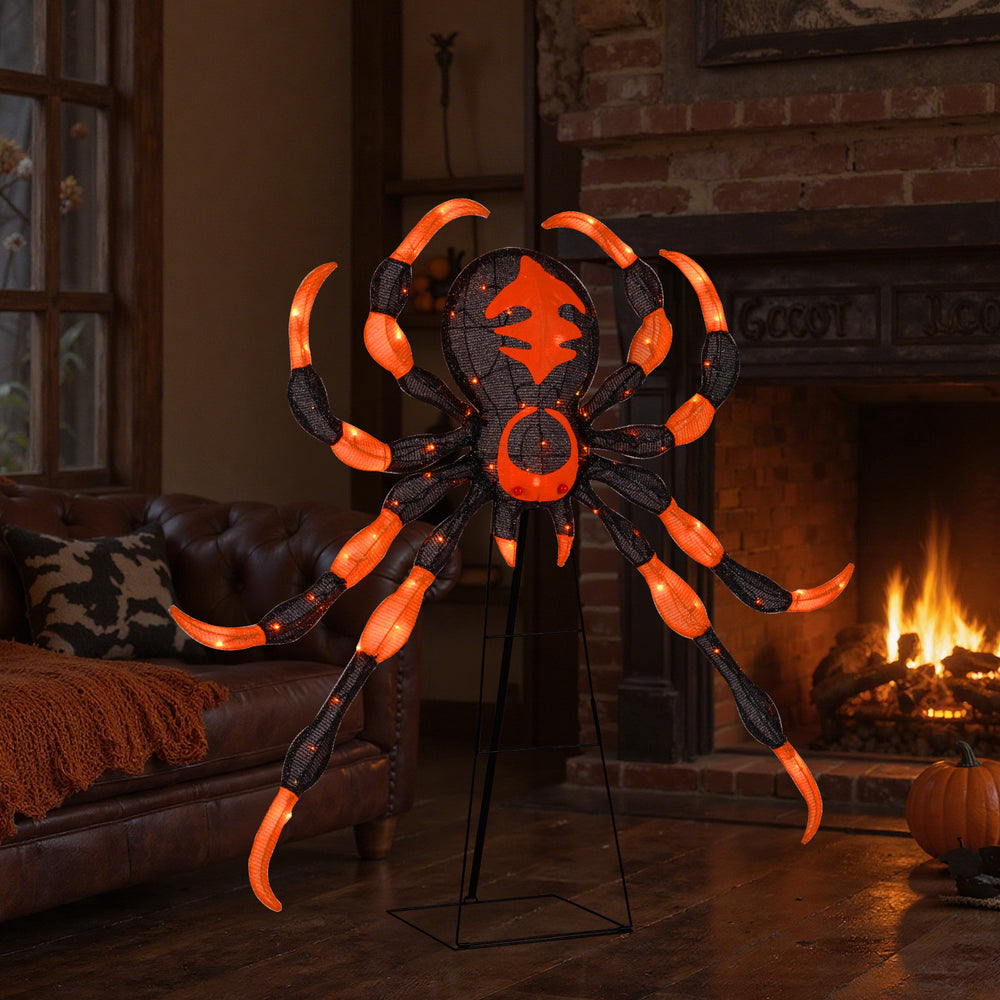 52-inch Halloween spider decoration with flickering warm white LEDs, featuring a sturdy metal stand for indoor or.