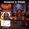 52-inch Halloween spider decoration with bright red eyes, flickering LEDs, and a sturdy metal stand for outdoor use.