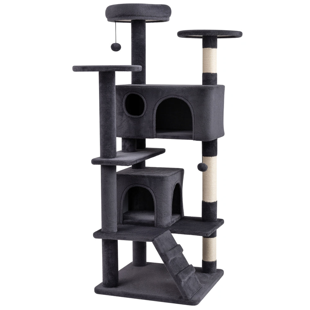 52-inch tall dark gray cat tree tower featuring multiple perches, caves, and sisal-wrapped scratching posts for indoor.