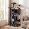 Tall dark gray cat tree tower with padded perches, caves, and sisal-wrapped posts for climbing and scratching.