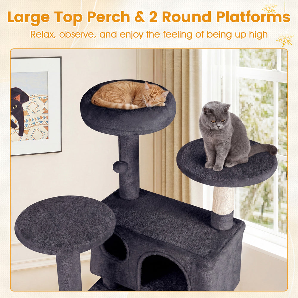 Dark gray 52-inch tall cat tree tower featuring a padded top perch and two round platforms for lounging and climbing.