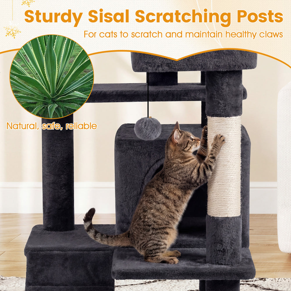 52-inch tall dark gray cat tree with sisal scratching posts, padded perches, and caves for climbing and lounging.