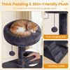Dark gray 52-inch cat tree tower with padded perch, climbing ladder, and dangling balls for indoor feline fun.