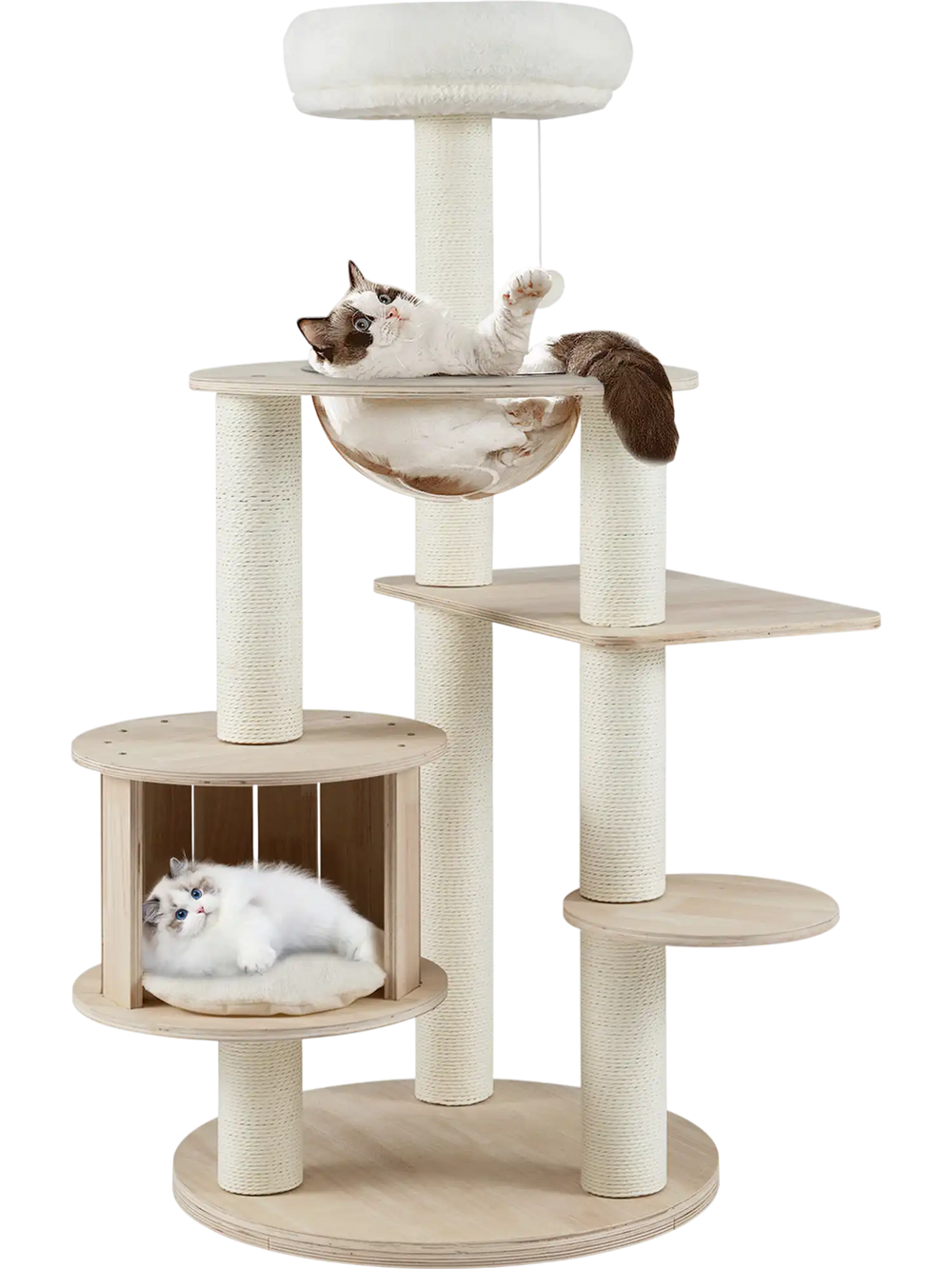 52 Inches Tall Wooden Cat Tree with Washable Plush Cushions and Multi-Level Climbing Stand