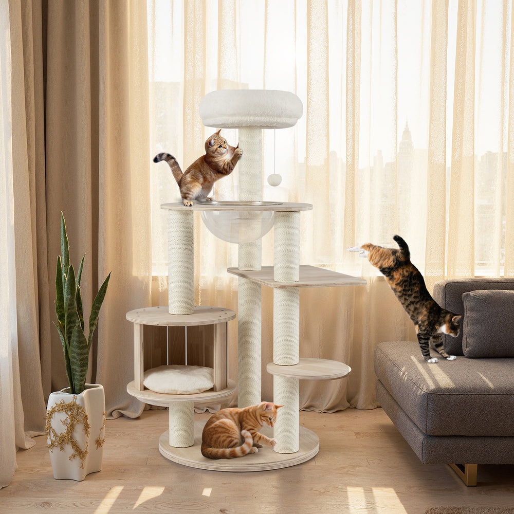 Multi-level 52-inch wooden cat tree with washable plush cushions, featuring a cozy perch and interactive dangling ball.