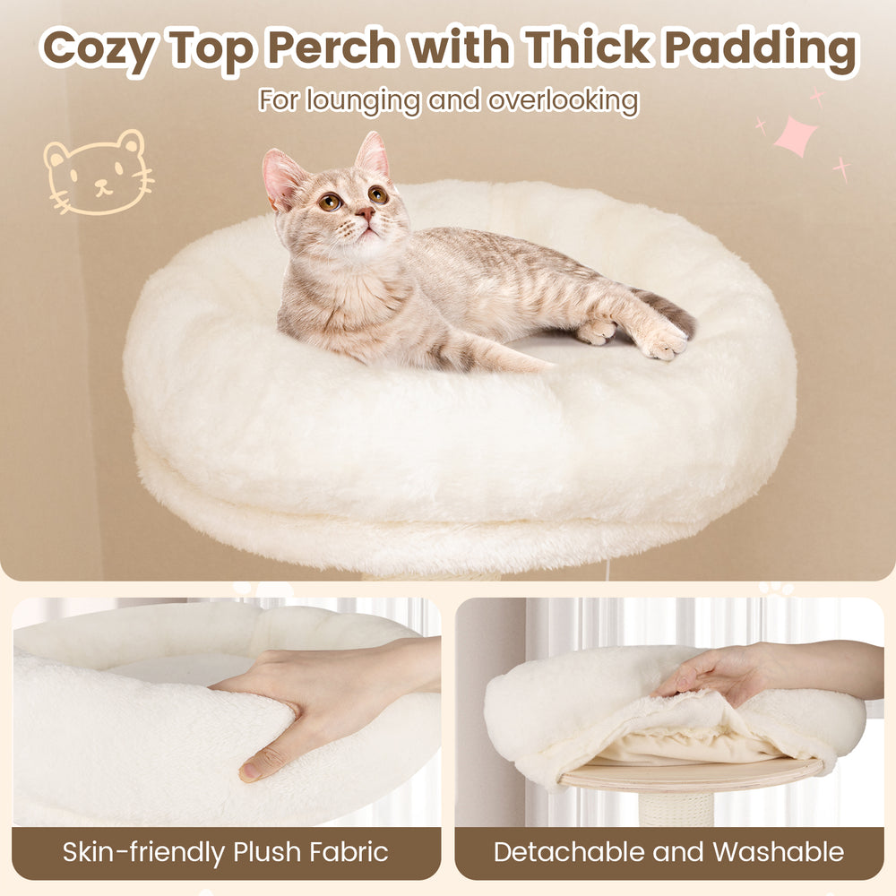 Cozy top perch with thick padding on a 52-inch wooden cat tree, perfect for lounging and observing.