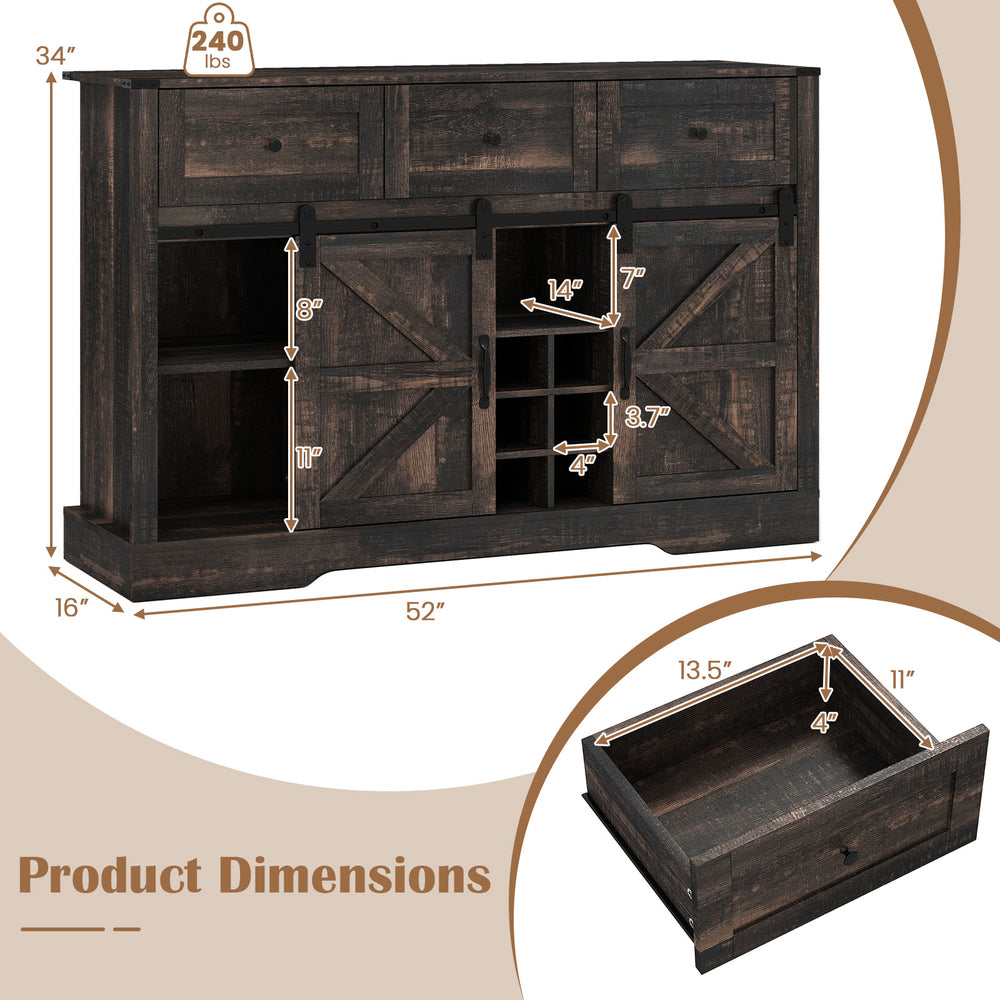 52-inch black wine bar cabinet dimensions with adjustable shelves, LED lights, and sliding barn doors for home bar use.