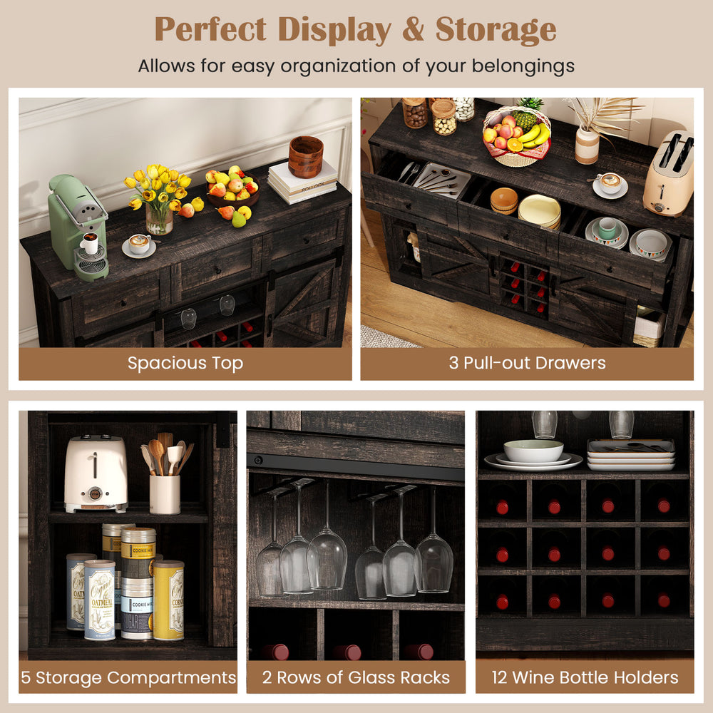 52-inch black wine bar cabinet featuring adjustable LED lights, sliding barn doors, and 12 removable wine bottle.