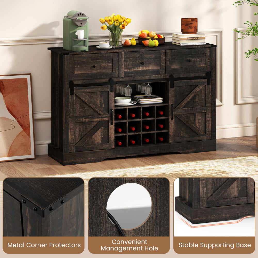 52-inch black wine bar cabinet featuring sliding barn doors, LED lights, and removable wine bottle holders for home bar.