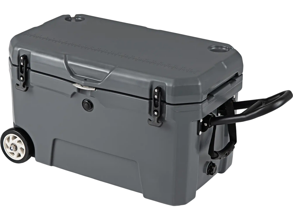 52 quart portable hard cooler in gray with wheels, pull handle, and 6-day ice retention for outdoor activities.