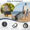 52 quart gray portable hard cooler with wheels, pull handle, and swing-up handles for easy transport to the beach.