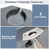 Close-up of the 52 quart portable cooler's stainless steel bottle opener and two cup holders for outdoor convenience.