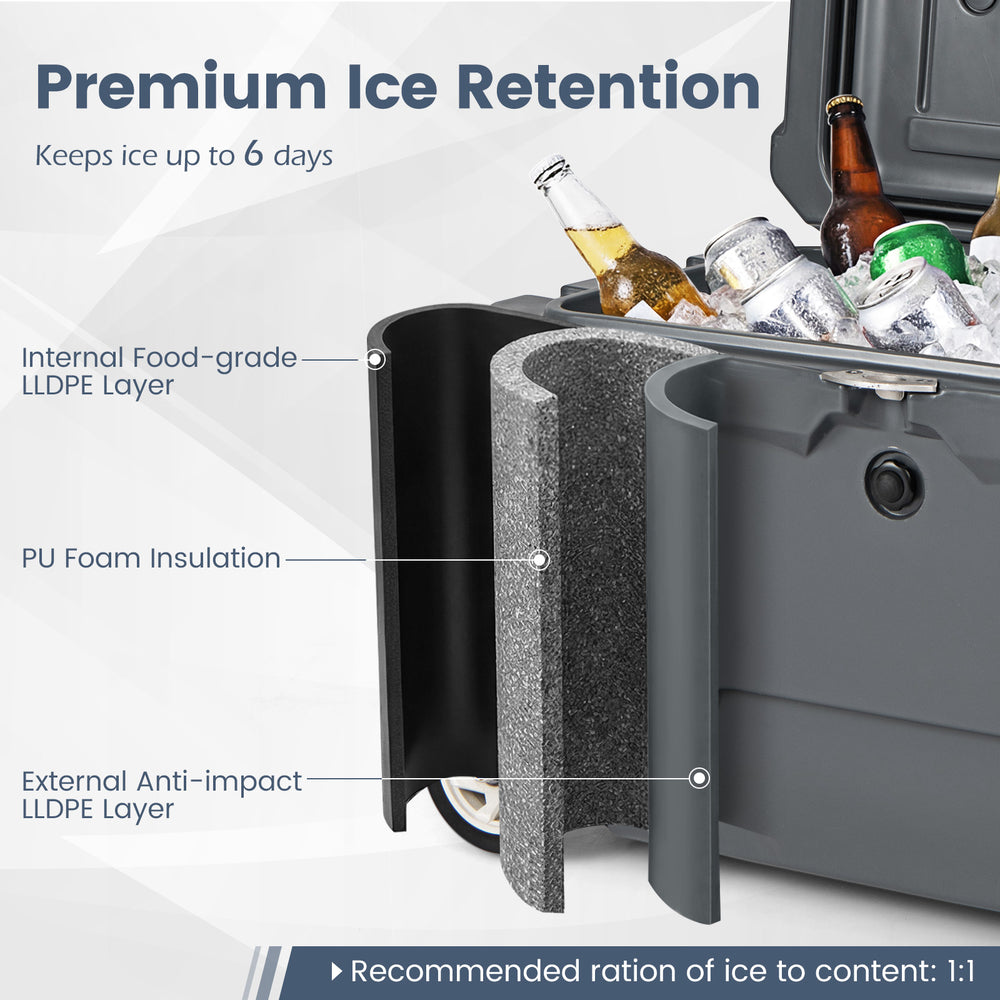 Close-up of the 52 Quart Portable Hard Cooler showcasing premium ice retention features and durable construction for.