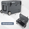 52 quart gray portable hard cooler with wheels, showing dimensions and features for camping and outdoor use.