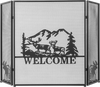 Black fireplace screen with a decorative welcome design, 52 x 31 inches, featuring a durable metal frame and foldable.