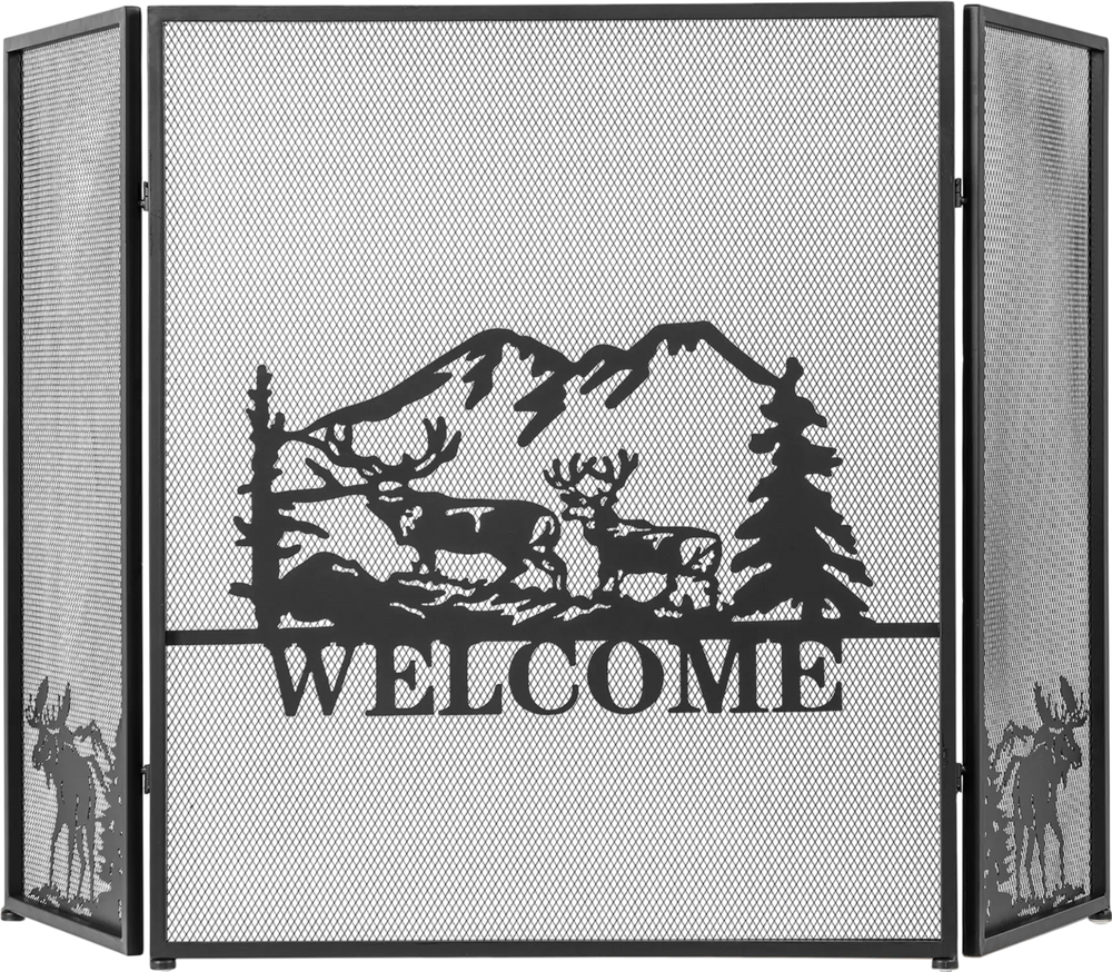 Black fireplace screen with a decorative welcome design, 52 x 31 inches, featuring a durable metal frame and foldable.