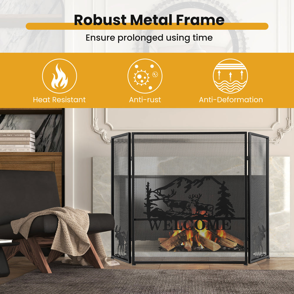 Black 52 x 31 inch fireplace screen with herringbone pattern, heat resistant and foldable for easy storage.