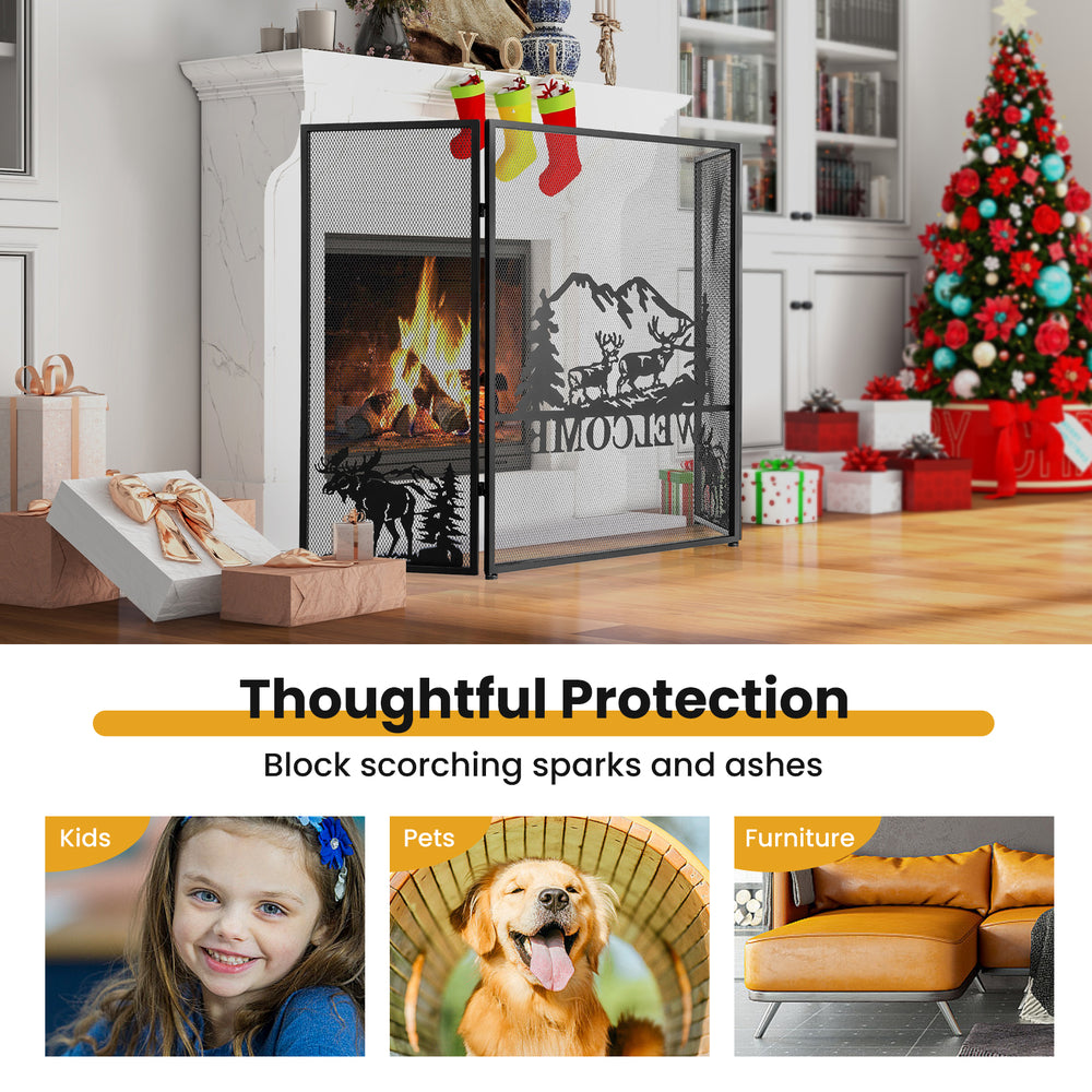Black 52 x 31 inch fireplace screen with herringbone pattern, protecting kids, pets, and furniture from sparks and.
