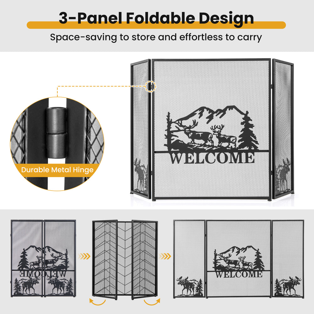 Black 52 x 31 inch fireplace screen with high-density mesh, foldable design, and decorative herringbone pattern for.