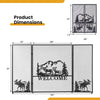 Fireplace screen dimensions showing a 52 x 31 inch black metal design with herringbone pattern and protective mesh.