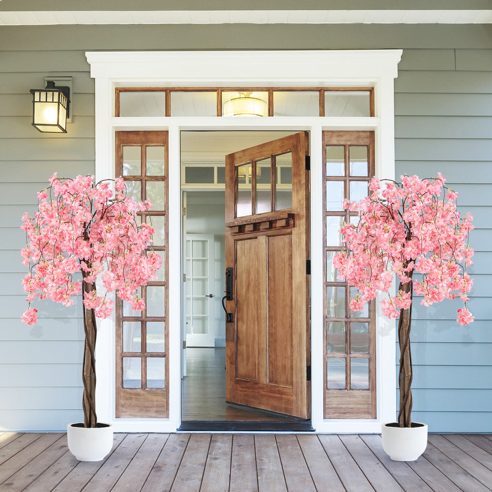 5.5 FT tall artificial cherry blossom tree with pink flowers, featuring a natural wood trunk, perfect for front door.
