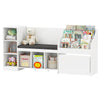 Kids bookcase with reading nook, white finish, featuring 6 storage cubbies and a removable cushion for comfort.
